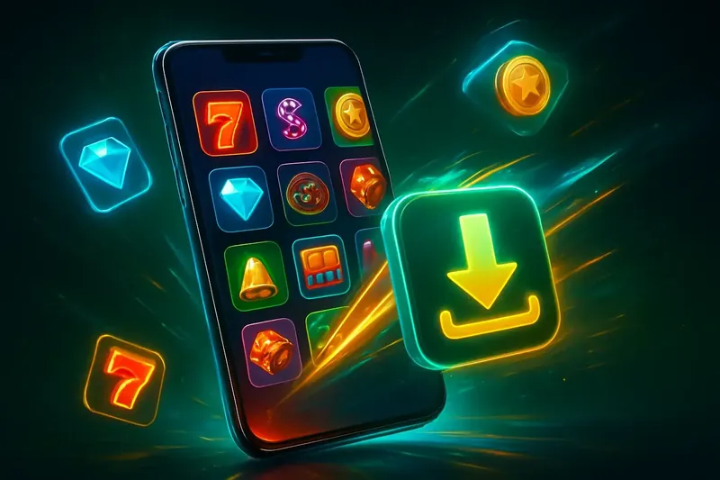Premium Casino App Glossy smartphone casino app banner with neon download icon and glowing tiles