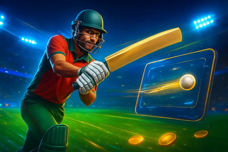 Cricket Sportsbook Action Cricket batter striking ball under stadium lights for sportsbook banner