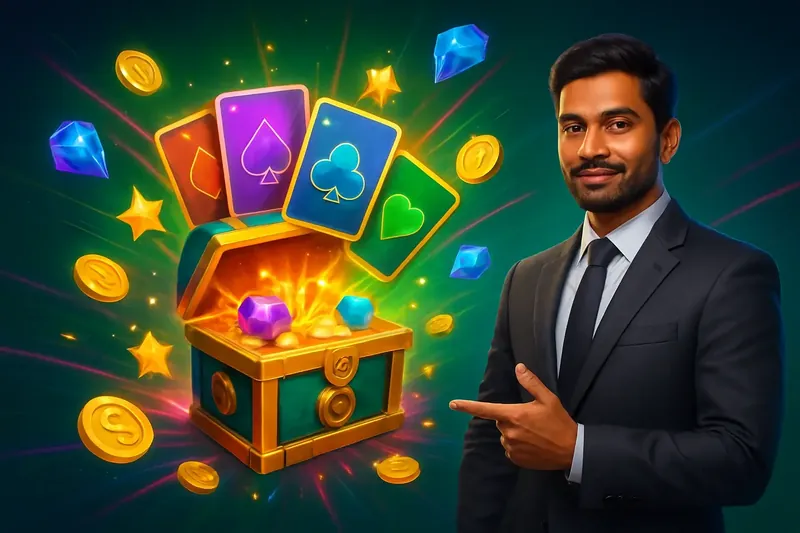 Reward Chest Burst Glowing reward chest with cards, coins, gems, and stars bursting out
