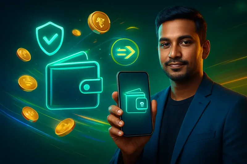 Hand holding smartphone with secure mobile wallet, coins, and speed light trails