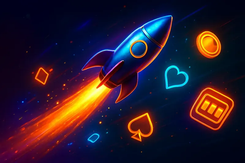 Glossy rocket launch casino banner with neon speed trails and particles