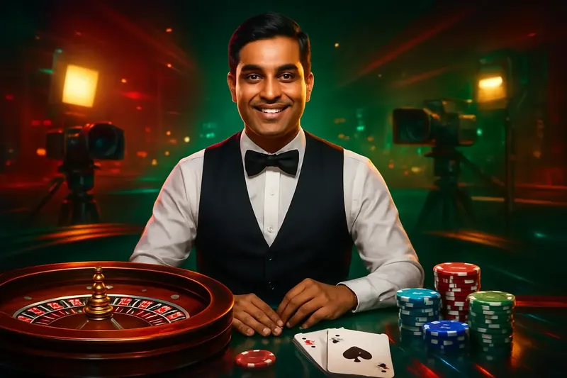 Friendly professional live dealer with roulette, cards, chips, and studio lights