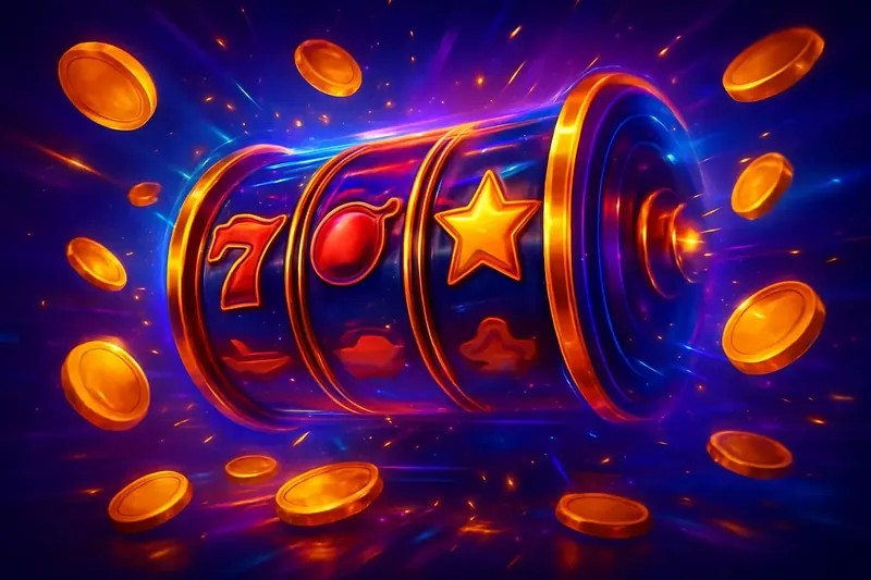 Explosive Slot Reels Colorful spinning slot machine with coins, sparkles, and neon casino glow